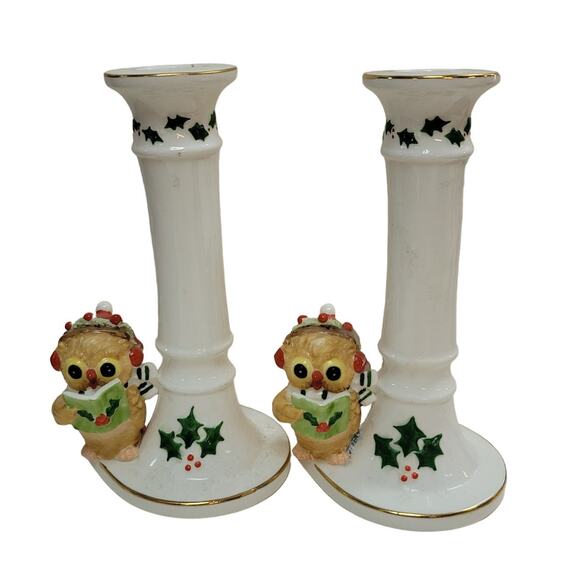 Enesco pair candlestick candle holders 1977 Bone China Holly Bird Gold White - Picture 1 of 7